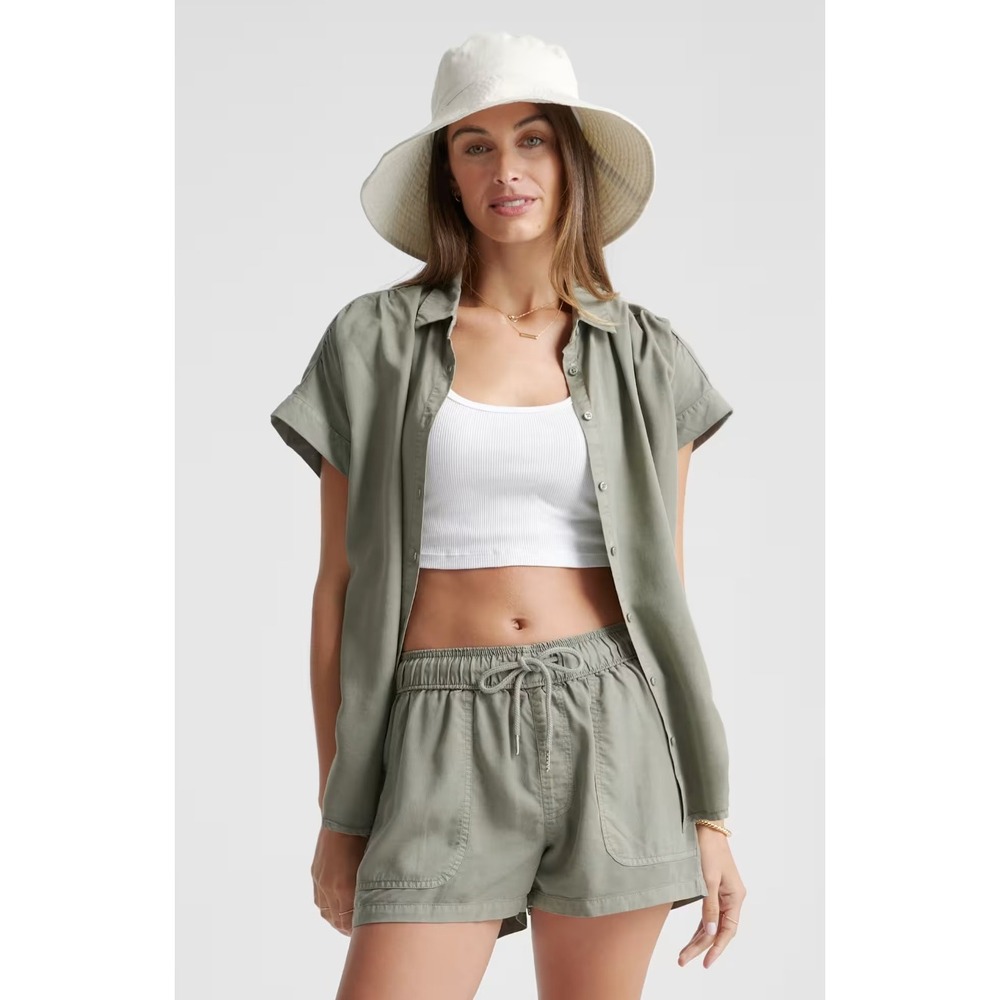 Quince Vintage Wash Tencel Camp Shirt Olive Small New With Tags